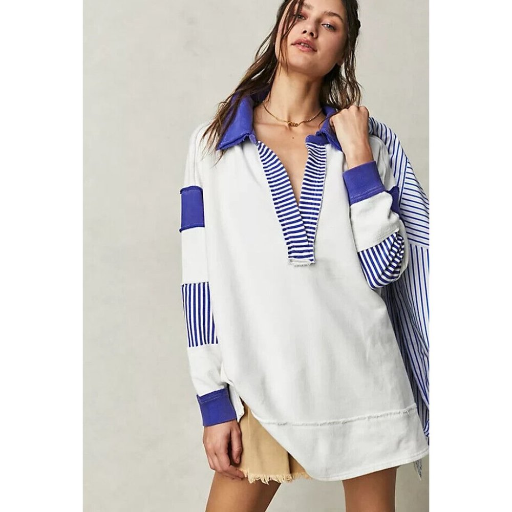 Free People We The Free Clean Prep Polo Pullover Top Oversized Striped S